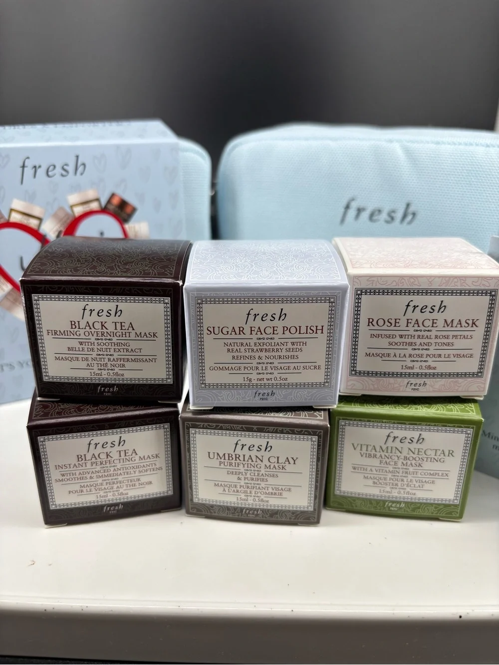 fresh Mini Loves Light Blue Travel Pouch with 6 Skincare Masks